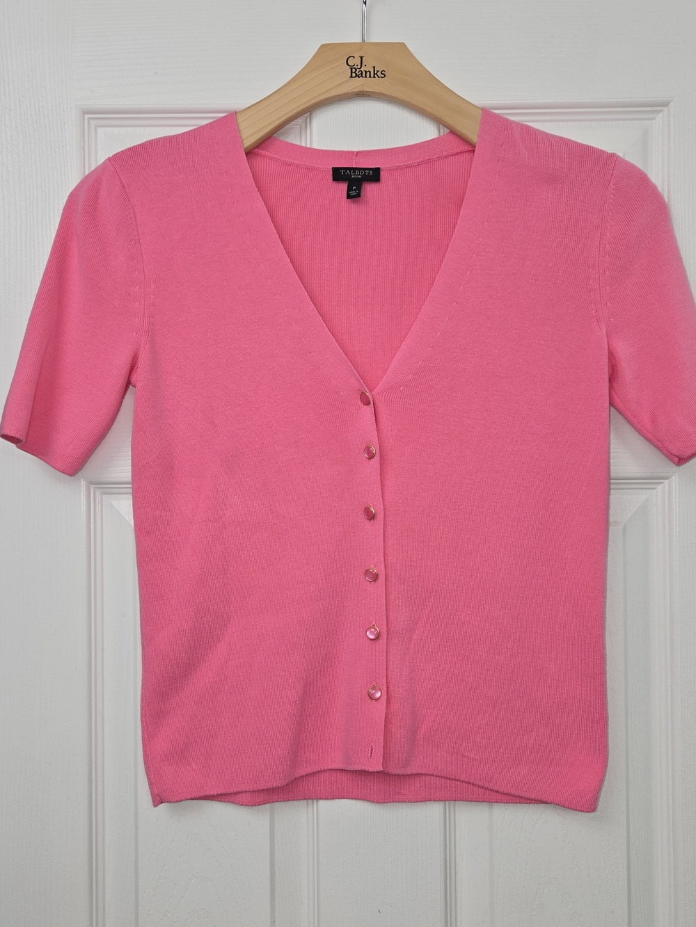 Talbots Petites Hot Pink Short Sleeve V-Neck Cardigan Petite Barbiecore Knit Top